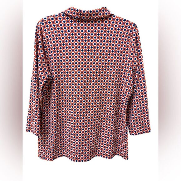 TALBOTS Women’s Tunic Button Up 3/4 Sleeves Orange Blue Multi Geo Print Medium - Picture 5 of 6